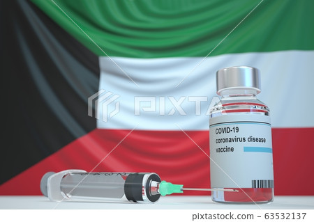 COVID-19 coronavirus disease vaccine vial and syringe against the Kuwaiti flag. Medical research and vaccination in Kuwait, 3D rendering COVID-19 coronavirus disease vaccine vial and syringe against the Kuwaiti flag. Medical research and vaccination in Kuwait, 3D rendering 63532137