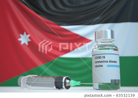 New coronavirus vaccine with flag of Jordan as a background. Jordanian Medical research and vaccination, 3D rendering New coronavirus vaccine with flag of Jordan as a background. Jordanian Medical research and vaccination, 3D rendering 63532139