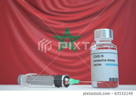 COVID-19 coronavirus disease vaccine vial and syringe against the Moroccan flag. Medical research and vaccination in Morocco, 3D rendering 63532140
