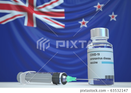 COVID-19 coronavirus disease vaccine vial and syringe against the New Zealand flag. Medical research and vaccination, 3D rendering COVID-19 coronavirus disease vaccine vial and syringe against the New Zealand flag. Medical research and vaccination, 3D rendering 63532147