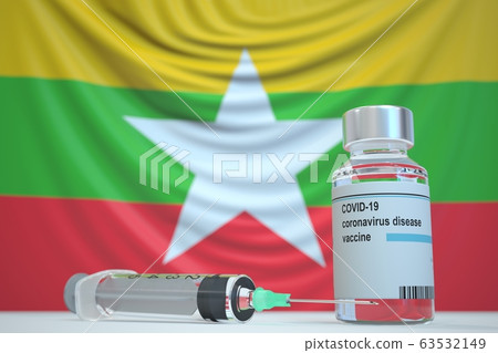 COVID-19 coronavirus disease vaccine vial and syringe against the Myanma flag. Medical research and vaccination in Myanmar, 3D rendering COVID-19 coronavirus disease vaccine vial and syringe against the Myanma flag. Medical research and vaccination in Myanmar, 3D rendering 63532149