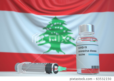COVID-19 coronavirus disease vaccine vial and syringe against the Lebanese flag. Medical research and vaccination in Lebanon, 3D rendering COVID-19 coronavirus disease vaccine vial and syringe against the Lebanese flag. Medical research and vaccination in Lebanon, 3D rendering 63532150