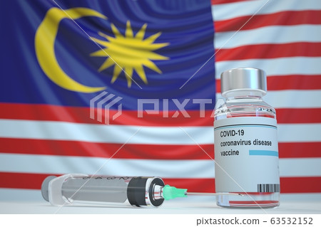 New coronavirus vaccine with flag of Malaysia as a background. Malaysian Medical research and vaccination, 3D rendering 63532152