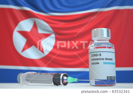 Coronavirus vaccine and syringe on the North korean flag background. Medical research and vaccination in North korea, 3D rendering 63532161