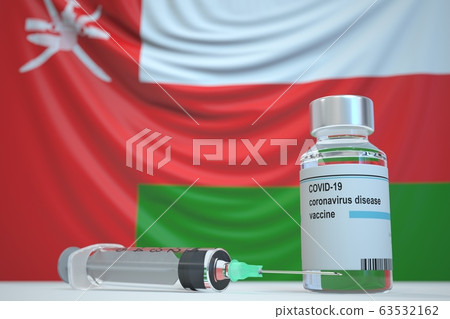 COVID-19 coronavirus disease vaccine vial and syringe against the Omani flag. Medical research and vaccination in Oman, 3D rendering 63532162