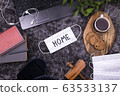 creative home work space - work from home concept in coronavirus quarantine with mediccal protection mask 63533137