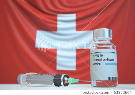 COVID-19 coronavirus disease vaccine vial and syringe against the Swiss flag. Medical research and vaccination in Switzerland, 3D rendering 63533664