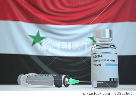 Coronavirus vaccine and syringe on the Syrian flag background. Medical research and vaccination in Syria, 3D rendering Coronavirus vaccine and syringe on the Syrian flag background. Medical research and vaccination in Syria, 3D rendering 63533665
