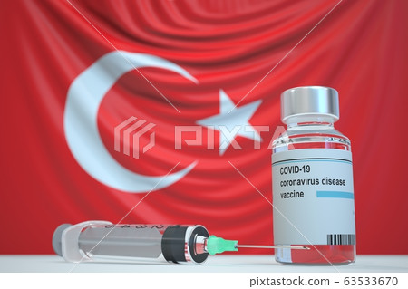 Coronavirus vaccine and syringe on the Turkish flag background. Medical research and vaccination in Turkey, 3D rendering 63533670