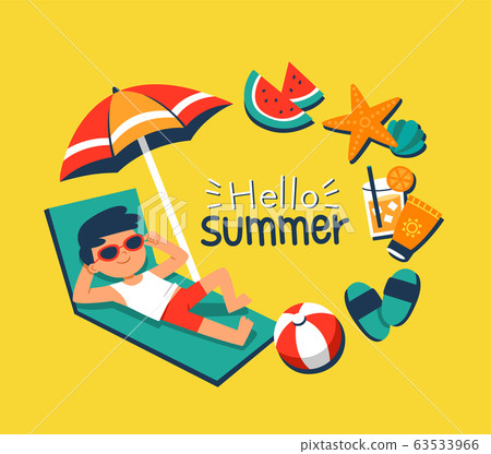 A boy sunbathing on a beach chair with tropical beach elements. 63533966
