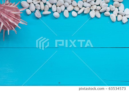 Seashells and pebble on wood background. Top view with copy space 63534573