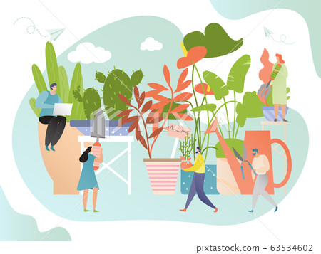 Houseplant gardening concept, tiny people growing giant flowers together, vector illustration 63534602