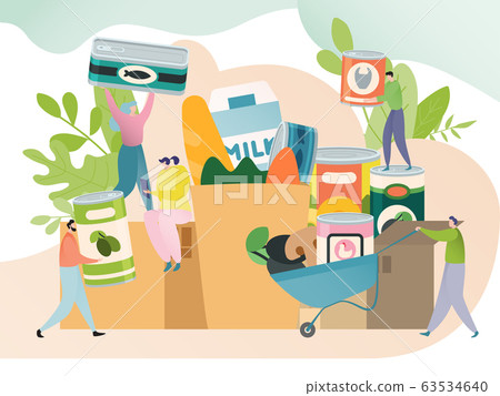 Groceries and canned food concept, tiny people pack products in bags, vector illustration 63534640