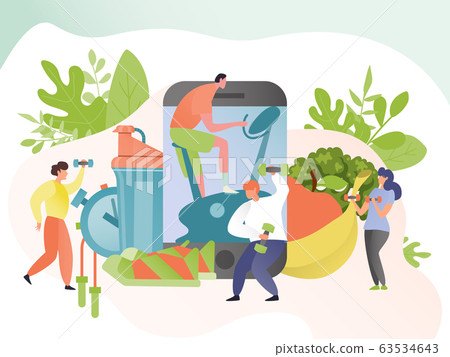Healthy lifestyle fitness app, people training with dumbbells to loose weight, vector illustration Healthy lifestyle fitness app, people training with dumbbells to loose weight, vector illustration 63534643