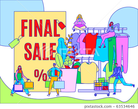 Fashion store sale concept, people buying clothes in outlet shop, flat style cartoon characters, vector illustration Fashion store sale concept, people buying clothes in outlet shop, flat style cartoon characters, vector illustration 63534646