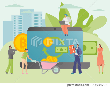 Bitcoin exchange concept, tiny people invest in cryptocurrency, cartoon characters vector illustration 63534708