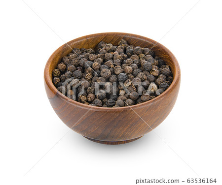 peppercorns in wooden bowl isolated on white 63536164