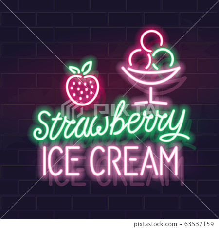 Neon strawberry ice cream typography with icons. Vector isolated neon illustration for any dark background. Fluorescent line art icon for logo, poster, menu, social network post. 63537159