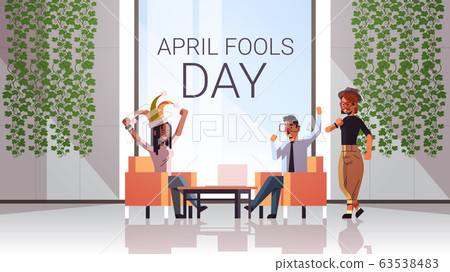 first april fool day mix race businesspeople - Stock