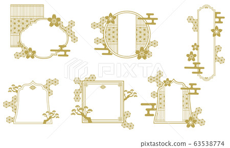 Vector, illustration, japanese style, frame, frame, hemp leaf, cherry blossom, set 63538774