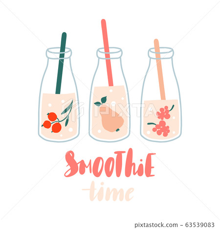 Smoothie time. Set of smoothies or fresh juice in jars with fruits Smoothie time. Set of smoothies or fresh juice in jars with fruits 63539083