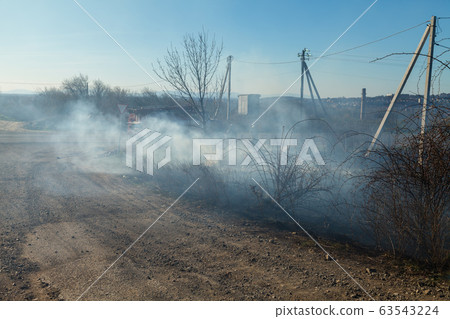 A large fire flame destroys dry grass and tree branches along the road. 63543224
