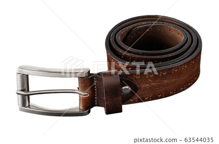 Brown genuine leather belt with classic metal buckle isolated on a white background. Brown genuine leather belt with classic metal buckle isolated on a white background. 63544035