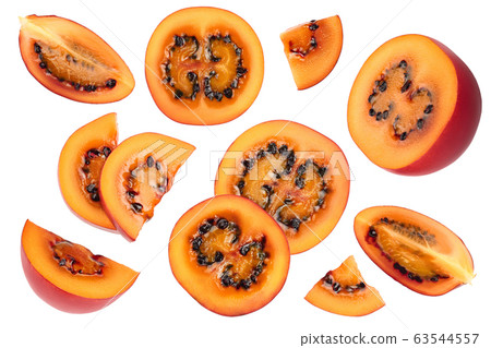 Fresh tamarillo fruit slices with leaves isolated on white background. Top view. Flat lay. Set or collection Fresh tamarillo fruit slices with leaves isolated on white background. Top view. Flat lay. Set or collection 63544557