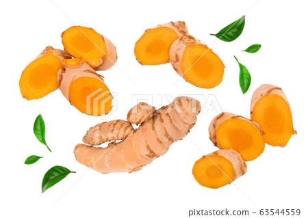 turmeric root slices isolated on white background. Top view. Flat lay 63544559