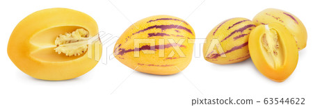 Fresh Pepino fruit with leaves isolated on white background. Set or collection 63544622