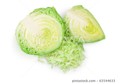 Green cabbage half isolated on white background with clipping path and full depth of field. Top view. Flat lay. Green cabbage half isolated on white background with clipping path and full depth of field. Top view. Flat lay. 63544633