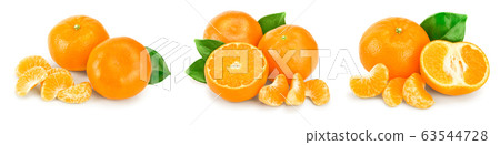 tangerine or mandarin fruit with leaves isolated on white background. Set or collection tangerine or mandarin fruit with leaves isolated on white background. Set or collection 63544728