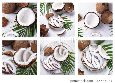 Food collage with sliced fresh coconut Food collage with sliced fresh coconut 63545975