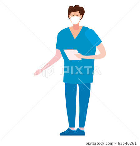 Doctor medical male character. Medical aid occupation concept. Professional blue doctor uniform in antiviral face mask. Vector illustration isolated Doctor medical male character. Medical aid occupation concept. Professional blue doctor uniform in antiviral face mask. Vector illustration isolated 63546261