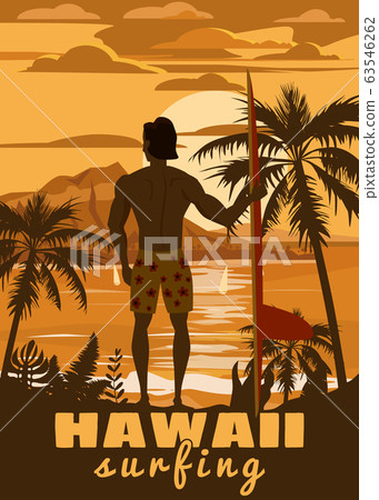 Surfer standing with surfboard on the tropical beach back view. Hawaii surfing palms ocean theme retro vintage. Vector illustration isolated template poster banner Surfer standing with surfboard on the tropical beach back view. Hawaii surfing palms ocean theme retro vintage. Vector illustration isolated template poster banner 63546262