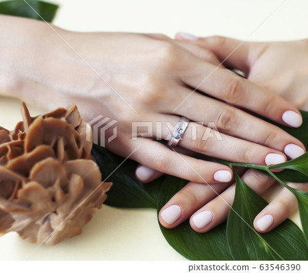 pretty perfect woman hands with white manicure and green leaf on colorful background with wood, spa cosmetic concept 63546390