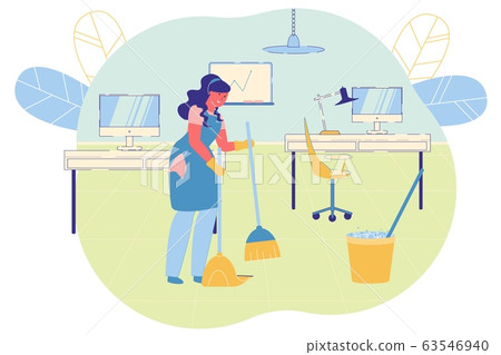Cleaning Lady is Maintaining Order in Office. 63546940