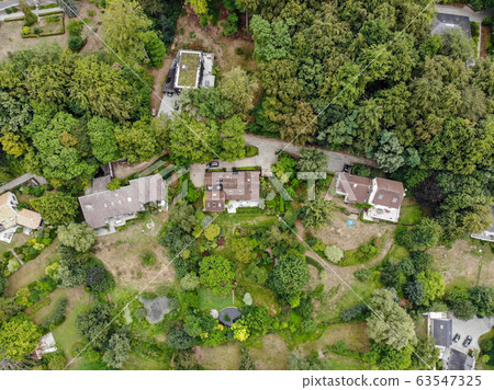 Aerial view of country side area with villas and garden surrounded by forest during green spring season 63547325