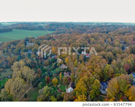 Aerial view of country side area with villas and garden surrounded by forest during green spring season 63547794