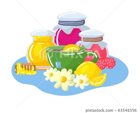 Home treatment for flu and virus isolated on white vector illustrations of honey, chamomilla flowers and raspberry jam, lemon vitamin c. 63548356