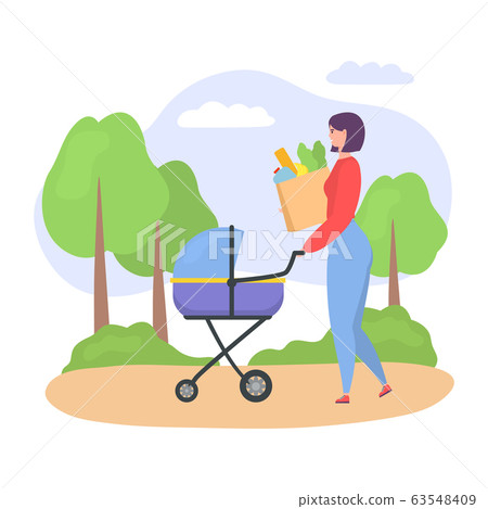 Casual woman, mother walking with her baby in stroller, woman pushing pram with newborn child and bags of food isolated on white vector illustration. Casual woman, mother walking with her baby in stroller, woman pushing pram with newborn child and bags of food isolated on white vector illustration. 63548409