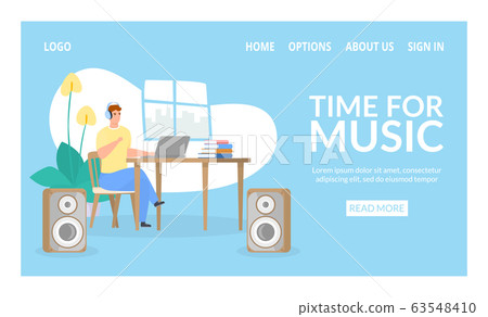 Casual clothed man wearing earphones listening music on his computer webpage template, vector illustration. Casual clothed man wearing earphones listening music on his computer webpage template, vector illustration. 63548410