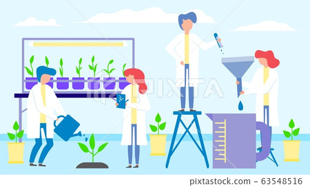 Science laboratory with plants, people group men women teamwork vector illustration. Scientists at biochemical research. 63548516