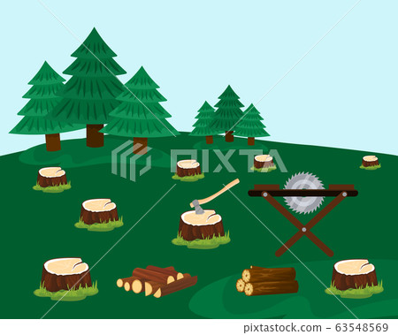 Logging forest with felled trees vector illustration hand drawn. Stumps after spruces cutting, ax, saw machine, logs. Logging forest with felled trees vector illustration hand drawn. Stumps after spruces cutting, ax, saw machine, logs. 63548569