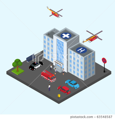 Hospital building vector illustration isometric. Emergency\
medical ambulance healthcare clinical service.