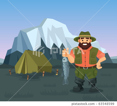 Fisherman holding caught fish vector illustration. Fishing in wild natural landscape, snowing mountains, tent.