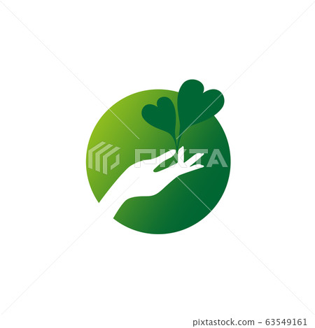 Female hand holds two green heart shaped leaves Female hand holds two green heart shaped leaves 63549161