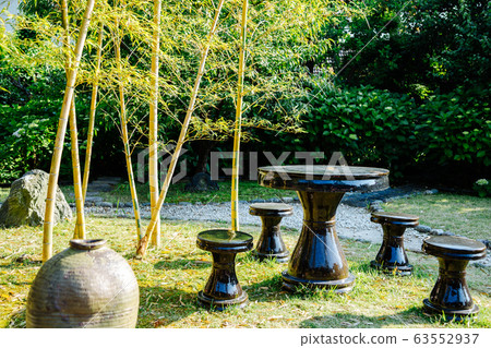 Table and chairs with bamboo forest at Kofukuji Temple in Nagasaki, Japan Table and chairs with bamboo forest at Kofukuji Temple in Nagasaki, Japan 63552937