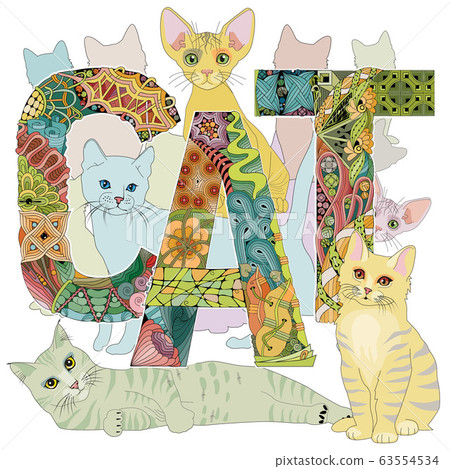 Word CAT with drawing of a cats. Vector decorative Word CAT with drawing of a cats. Vector decorative 63554534
