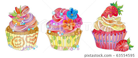 Vector set of cupcakes with strawberry, flowers 63554595